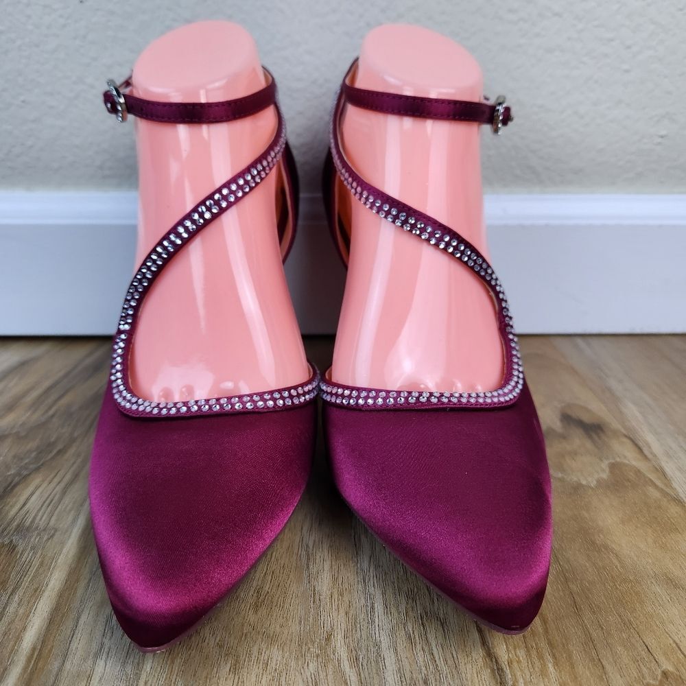 ☔️🩵Burgundy Satin & Rhinestone Buckled Ankle Strappy Heel Shoes Size 8 - Picture 5 of 15